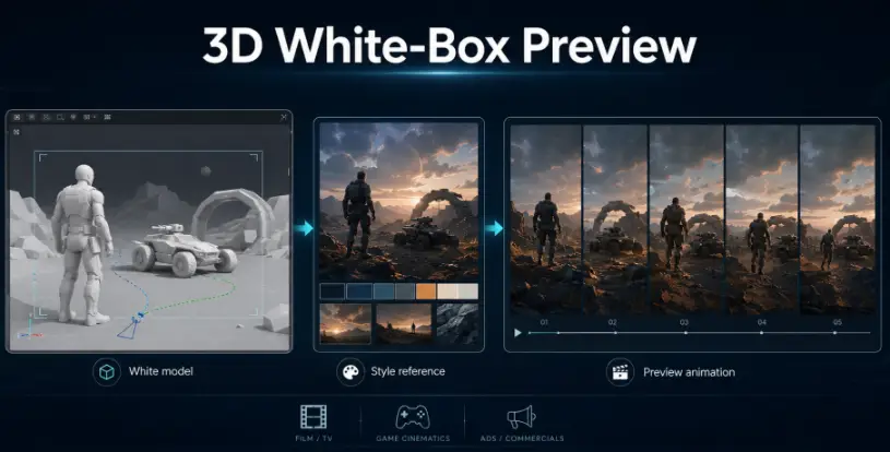 Seedance 2.5 3D white-box preview for pre-visualization