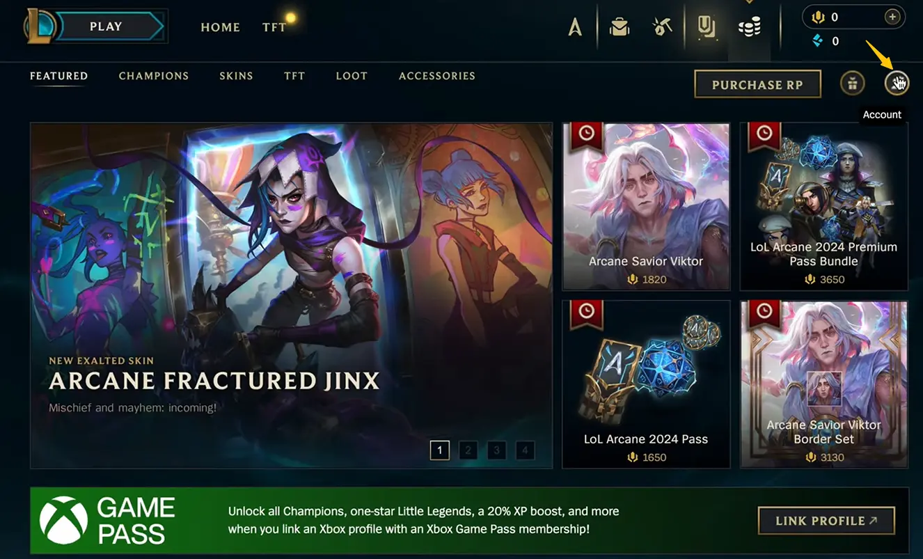 League of Legends store page showing the Account button location