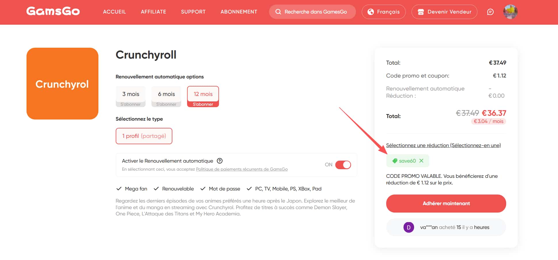abonnement crunchyroll 12 mois