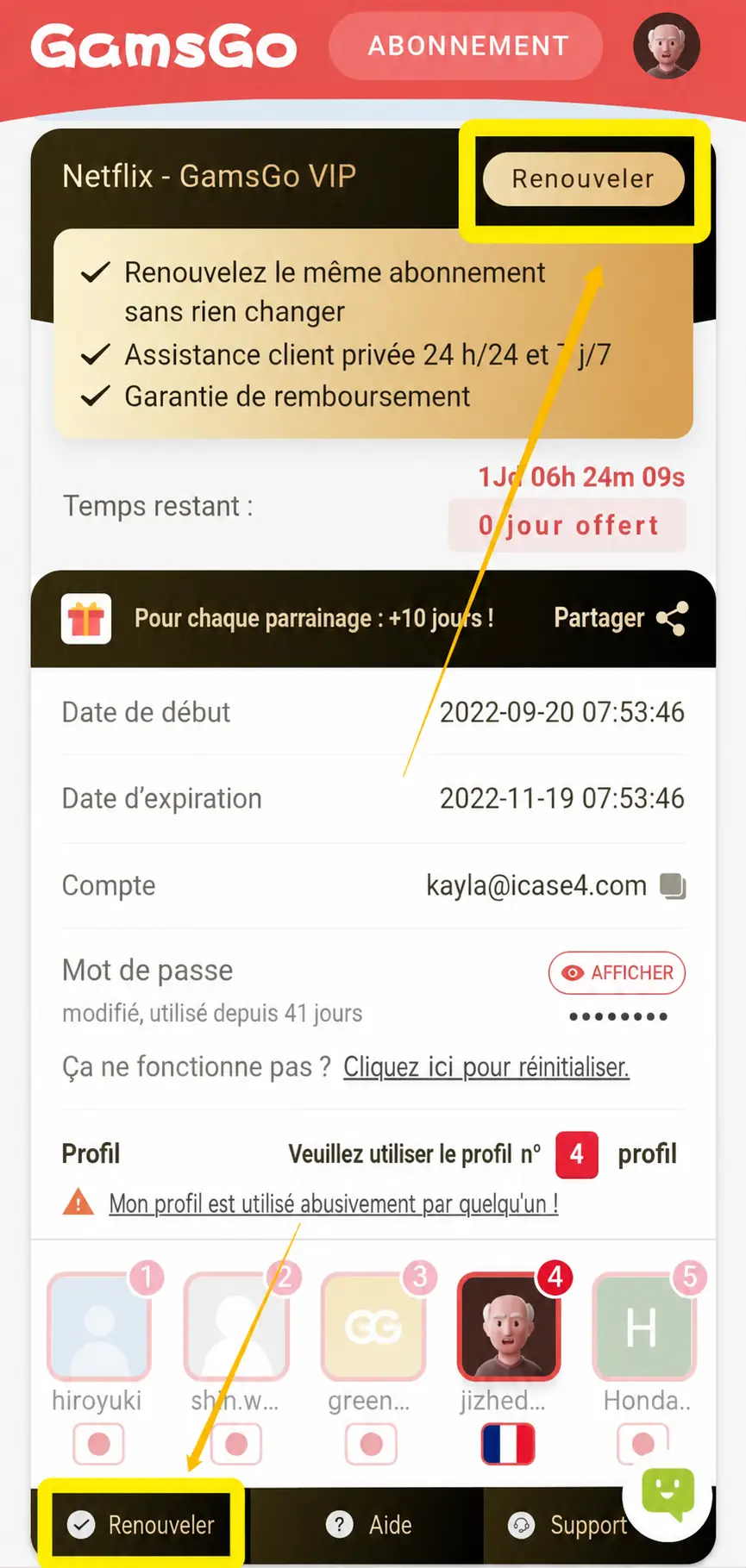 renouvellement netflix via gamsgo bouton