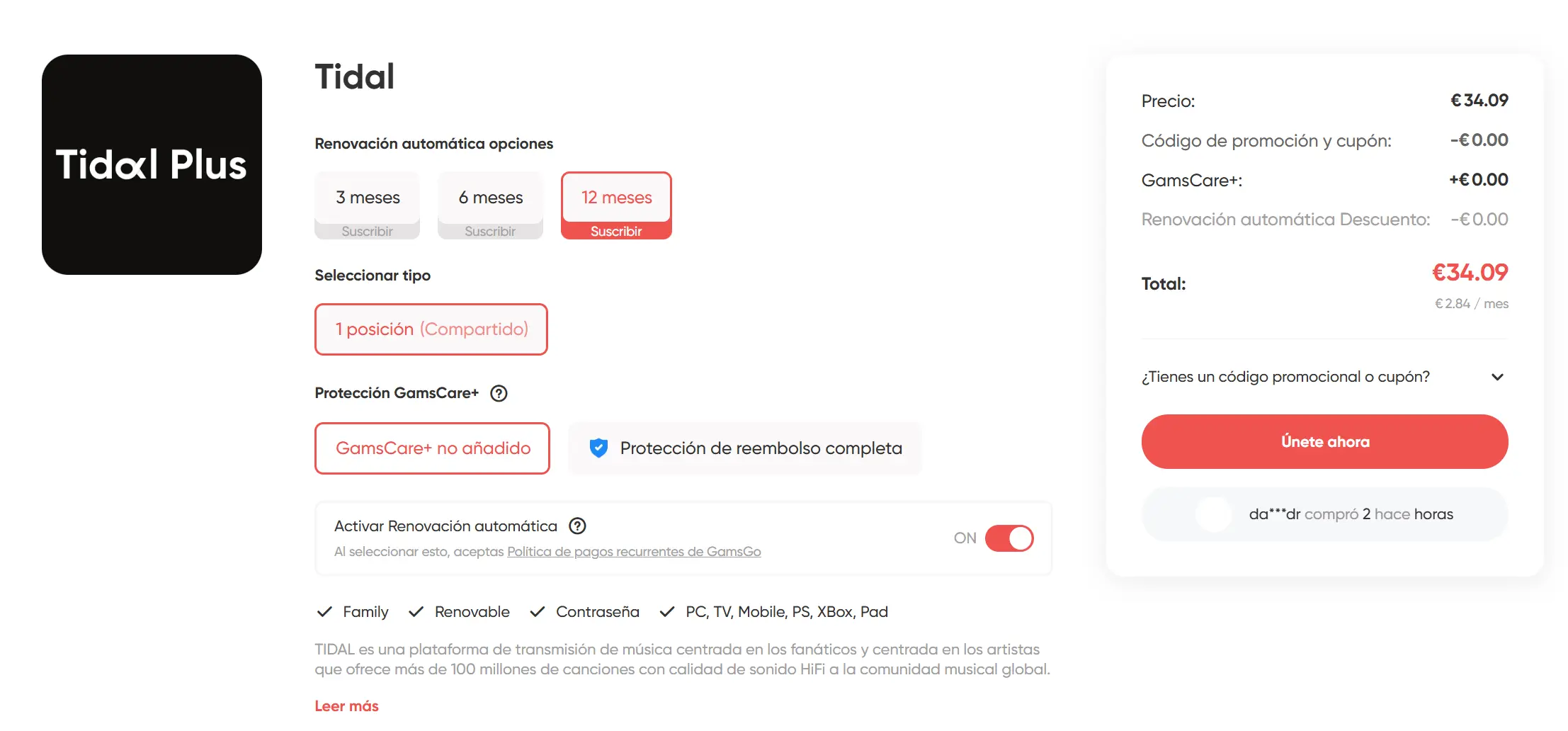 Comparte Tidal a través de GamsGo