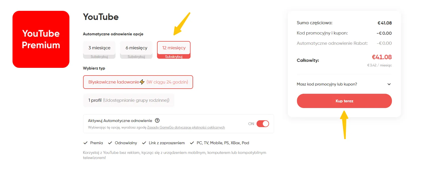 Wybierz czas trwania abonamentu YouTube Premium