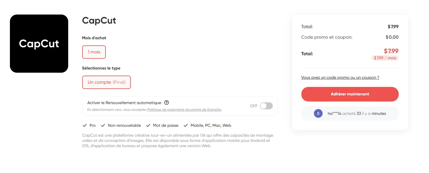 prix capcut pro en GamsGo