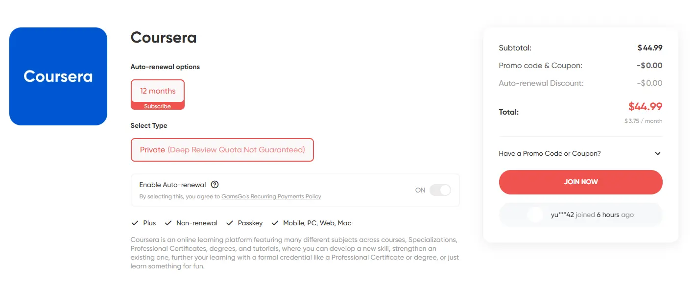 Coursera Plus discount on GamsGo