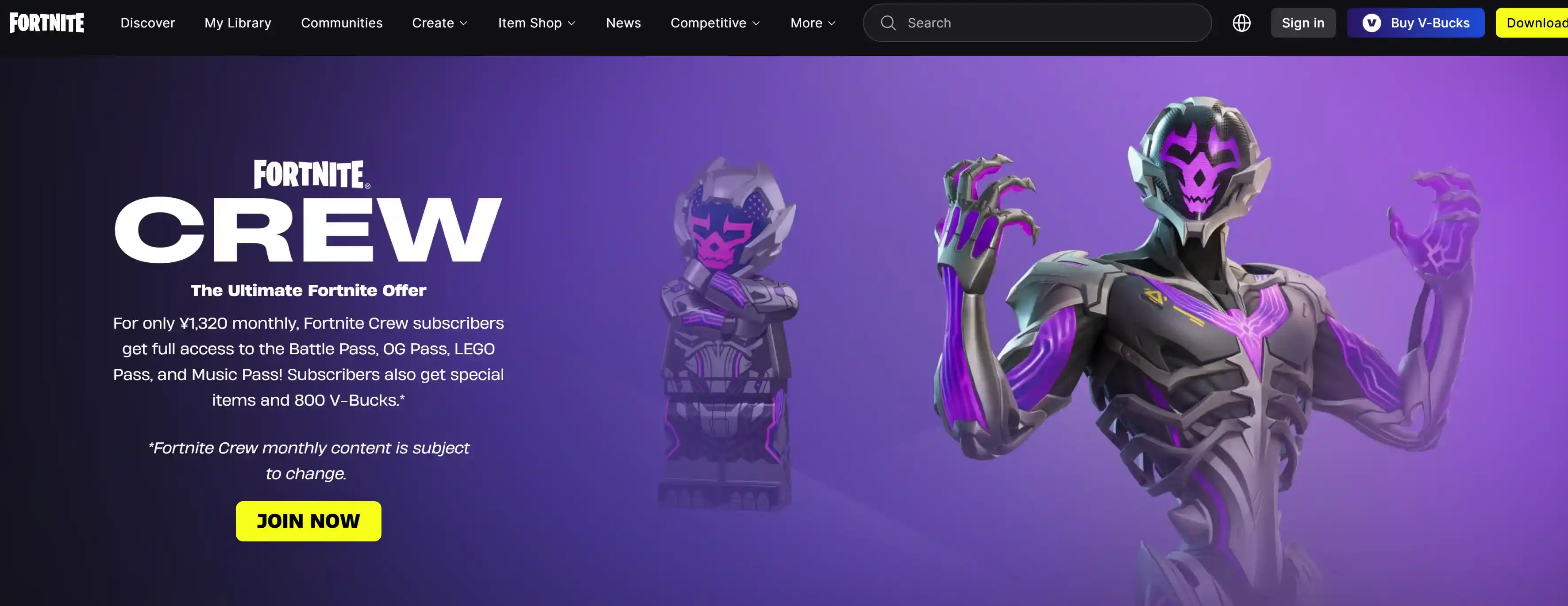 Fortnite Crew subscription with monthly V-Bucks and Pass benefits
