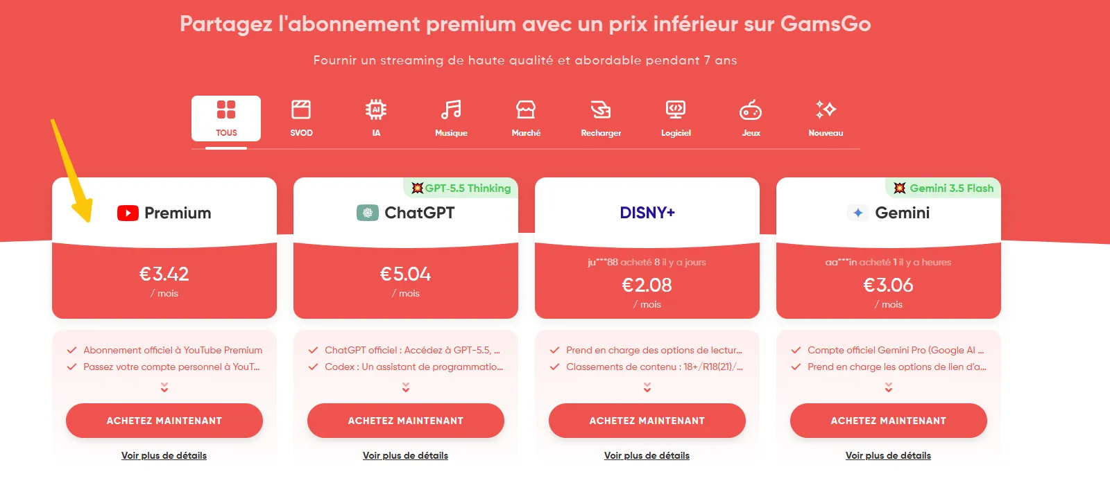 Acheter YouTube Premium sur GamsGo