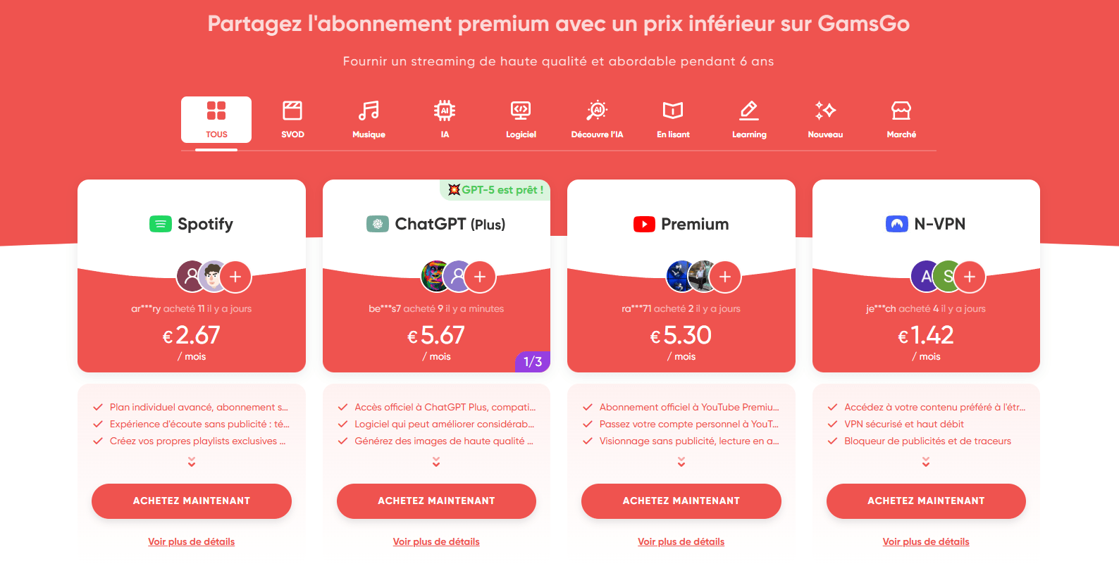 Quels abonnements sont proposés sur GamsGo