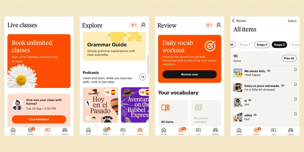 Babbel course dashboard showing thematic learning modules