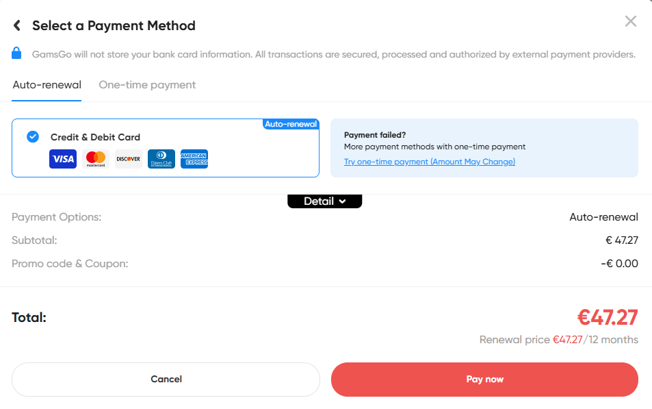 GamsGo checkout page for YouTube Premium subscription