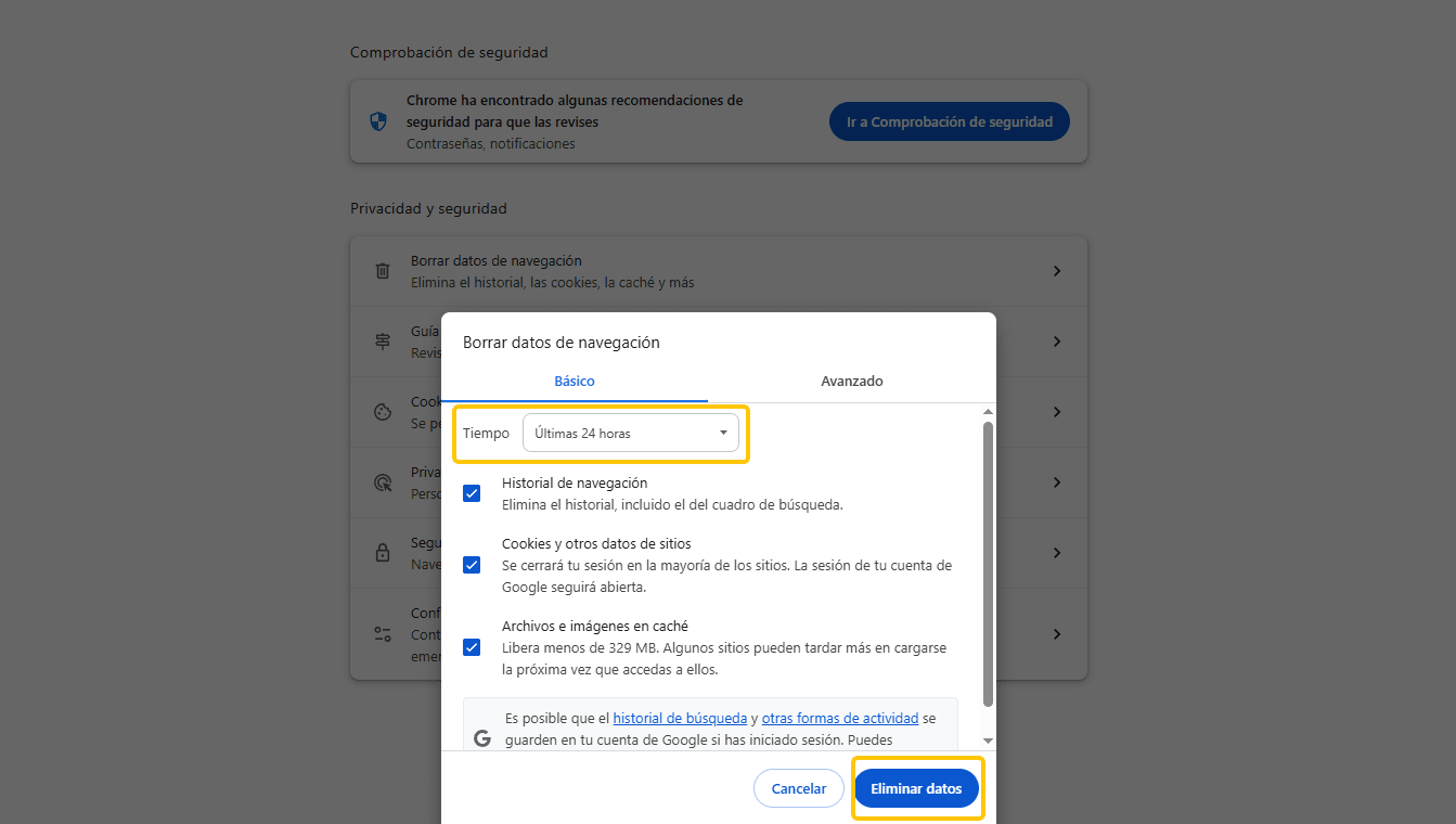 pasos para borrar la caché y las cookies del navegador