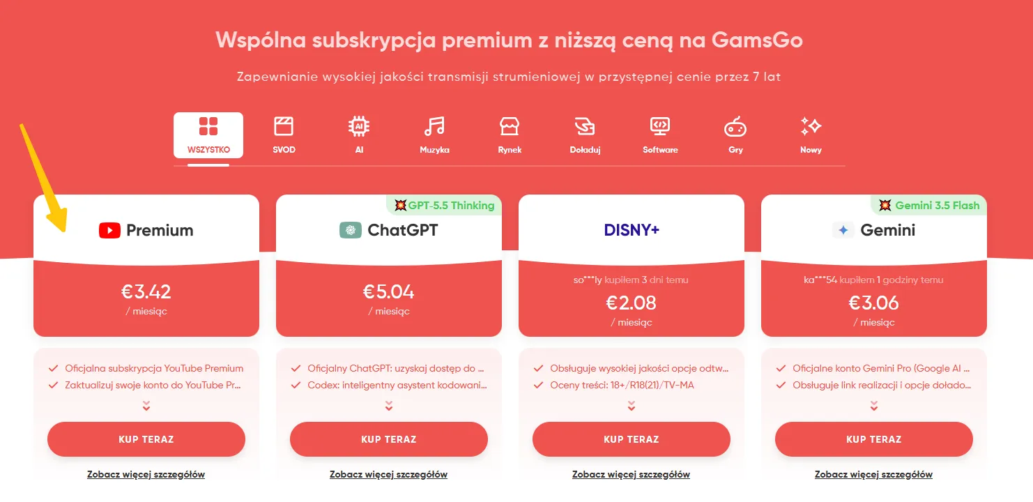 Kup YouTube Premium na GamsGo