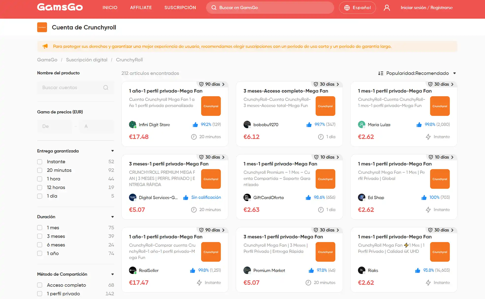Suscripción a Crunchyroll con GamsGo