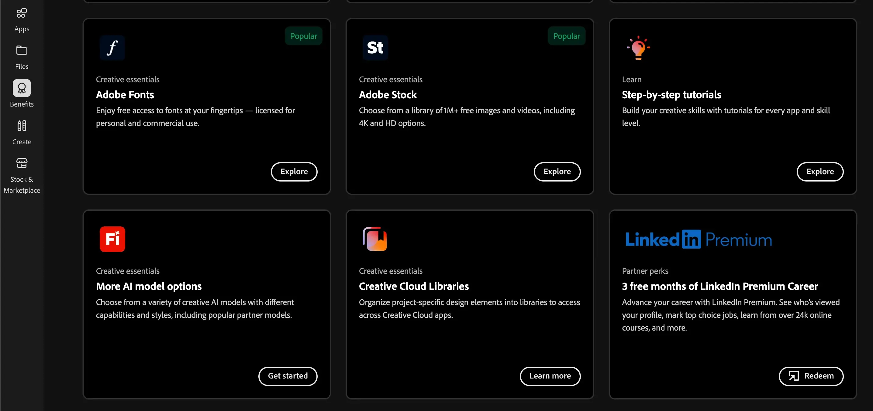 Adobe Creative Cloud benefits page showing 3 months of LinkedIn Premium