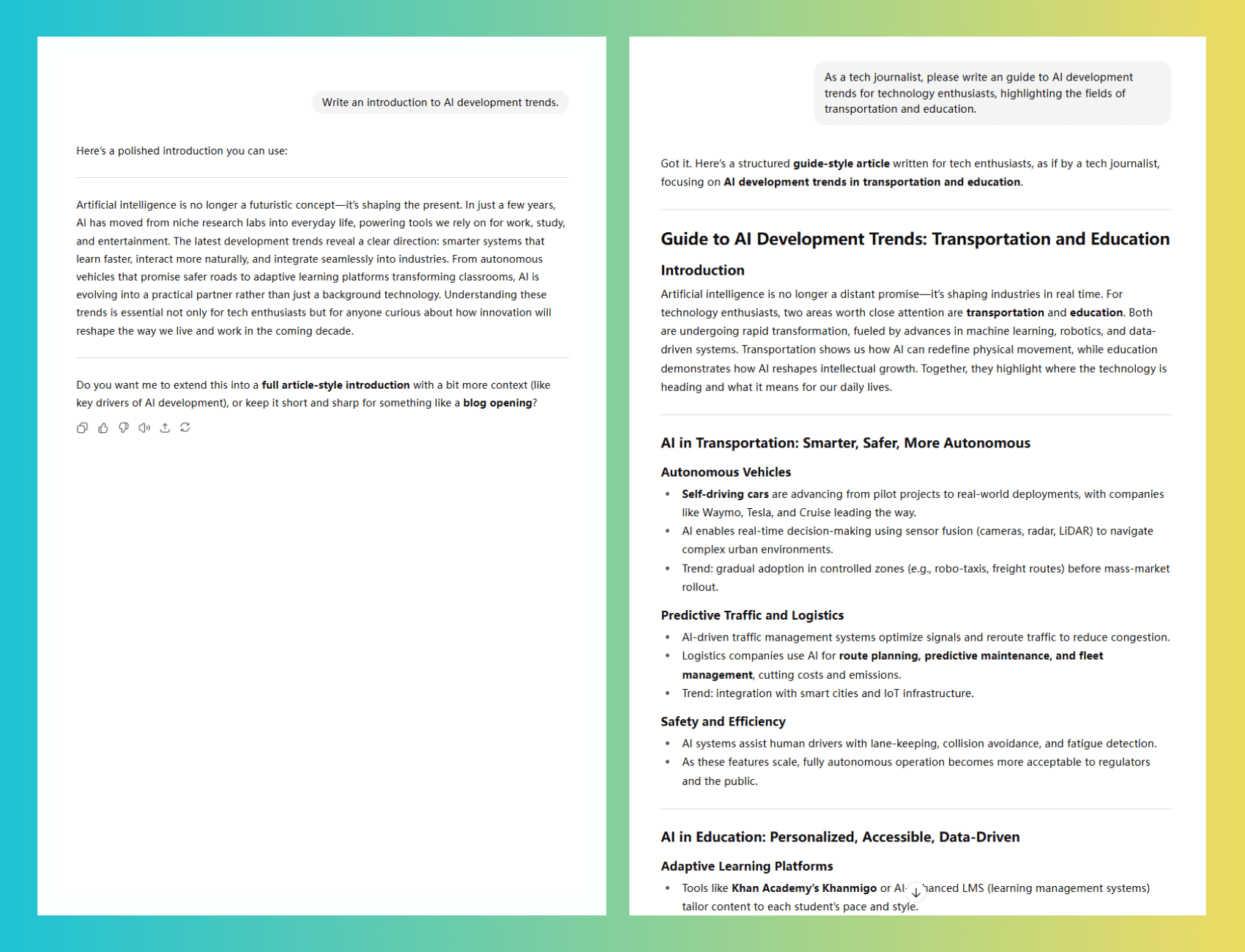 chatgpt prompt comparison for ai development trends with and without role assignment