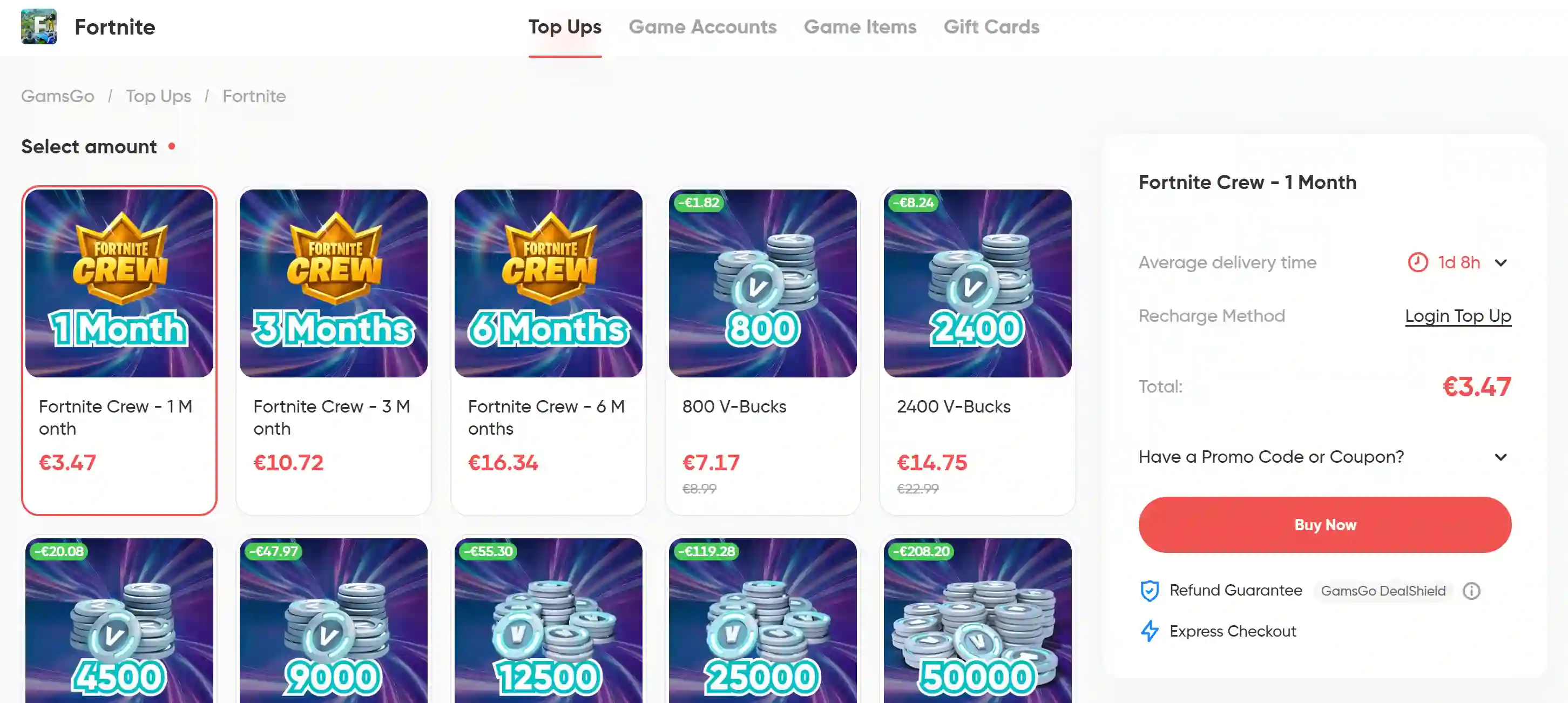 Fortnite V-Bucks top-up options available on GamsGo