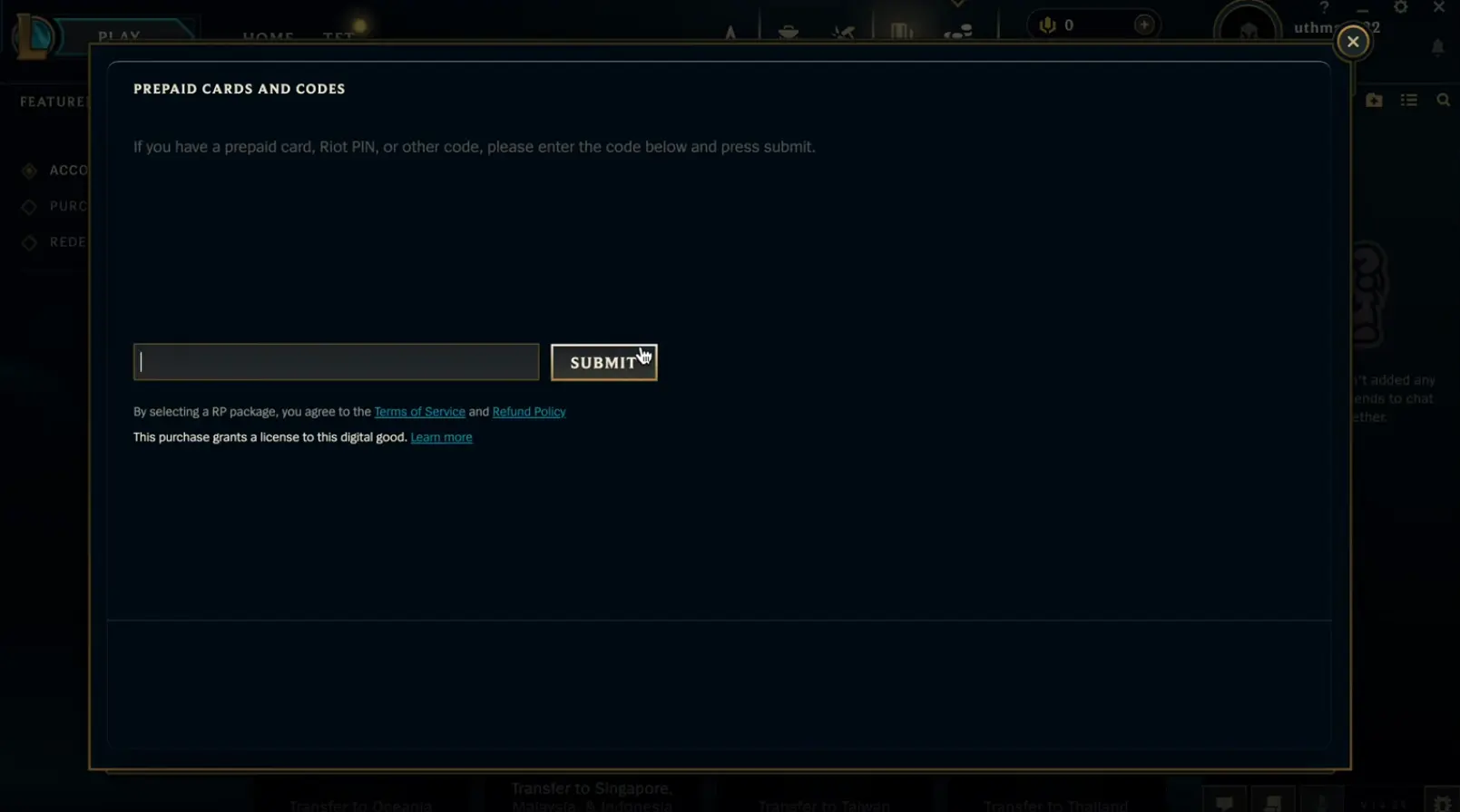 Entering a promo code into the League of Legends redemption box