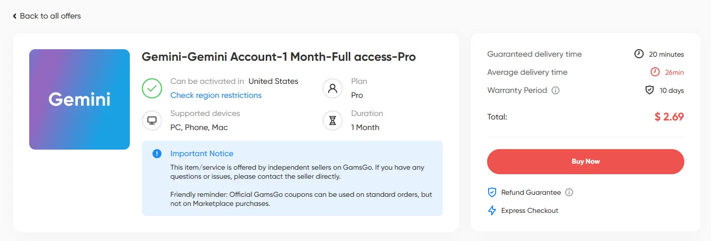 Buy a Gemini subscription at a lower price on GamsGo