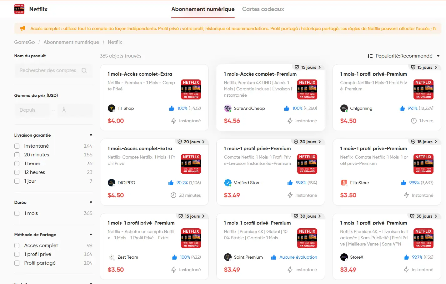 page d'abonnement netflix gamsgo