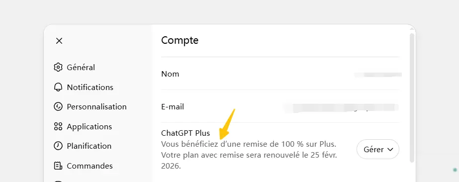 Offre de rétention mois gratuit ChatGPT Plus lors de l'annulation
