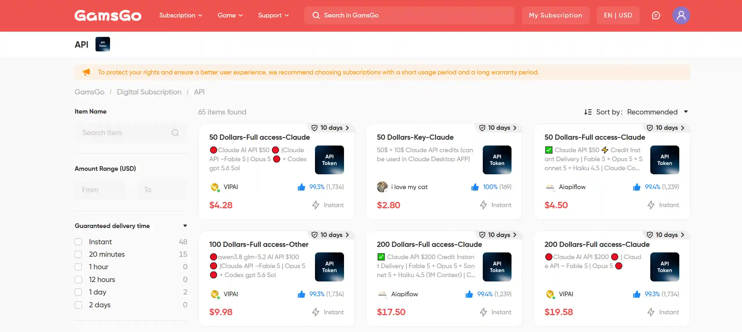 Buy discounted Claude API credits on GamsGo
