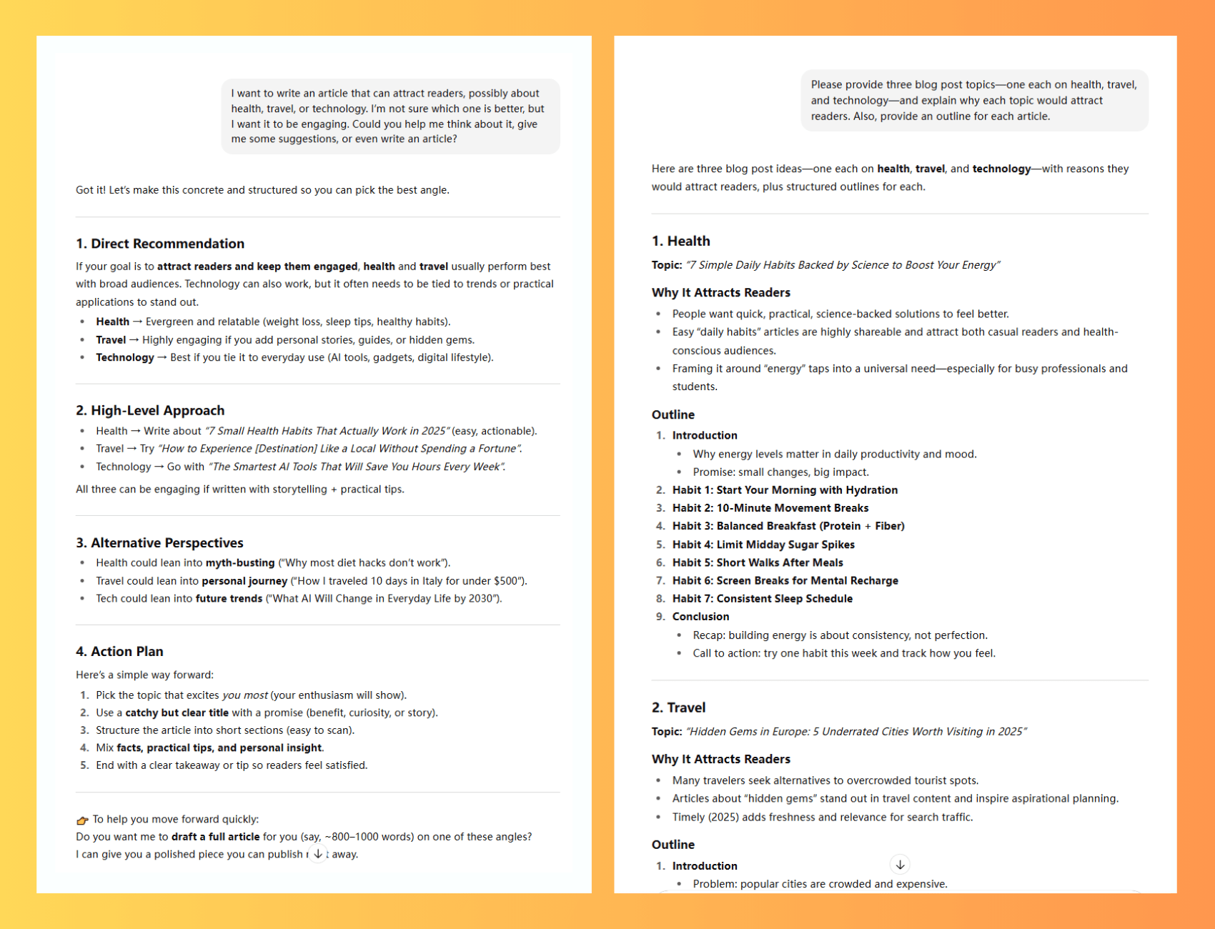 Comparison of vague vs clear ChatGPT prompts for blog post ideas