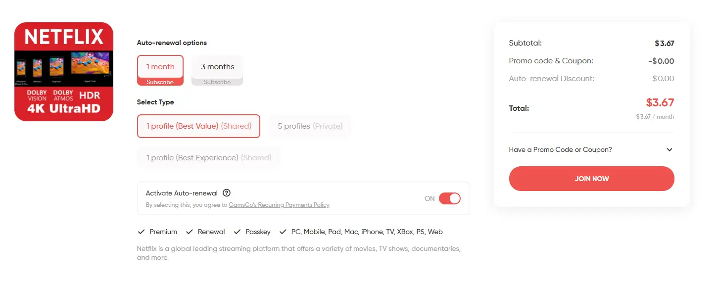Choose Netflix shared plan