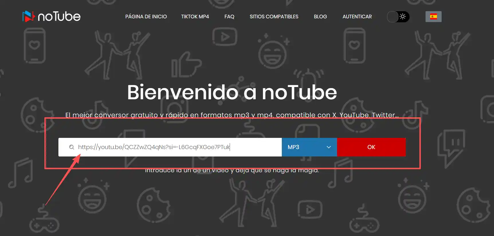 Cole o link em um site de extração de áudio