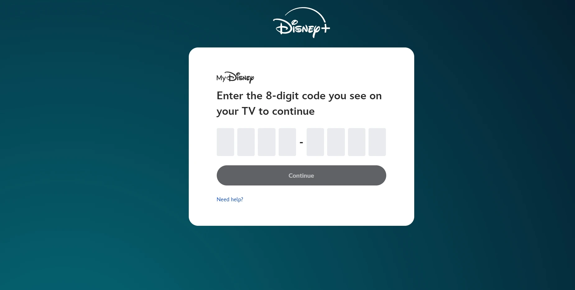 Inserimento del codice a 8 cifre Disney Plus
