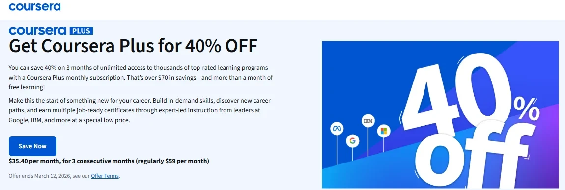 Coursera Plus discount of 40% off for the first 3 months