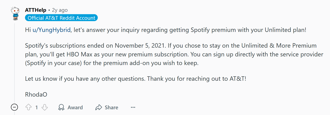 AT&T no longer offers Spotify Premium