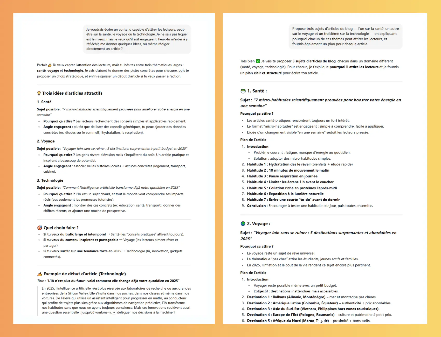 Comparaison entre prompts ChatGPT vagues et clairs pour des idées d’articles de blog