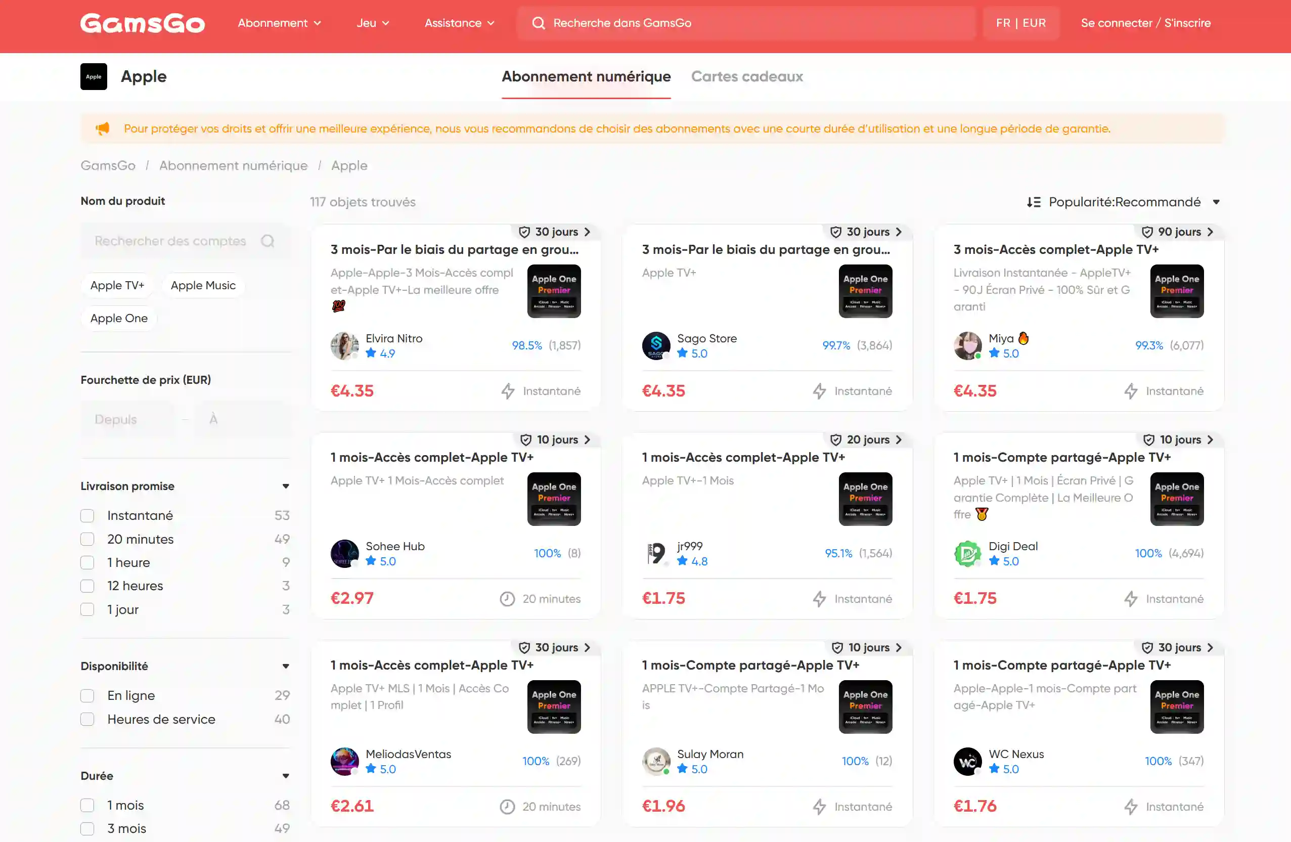 Offre d’abonnement Apple Music partagé sur la marketplace GamsGo