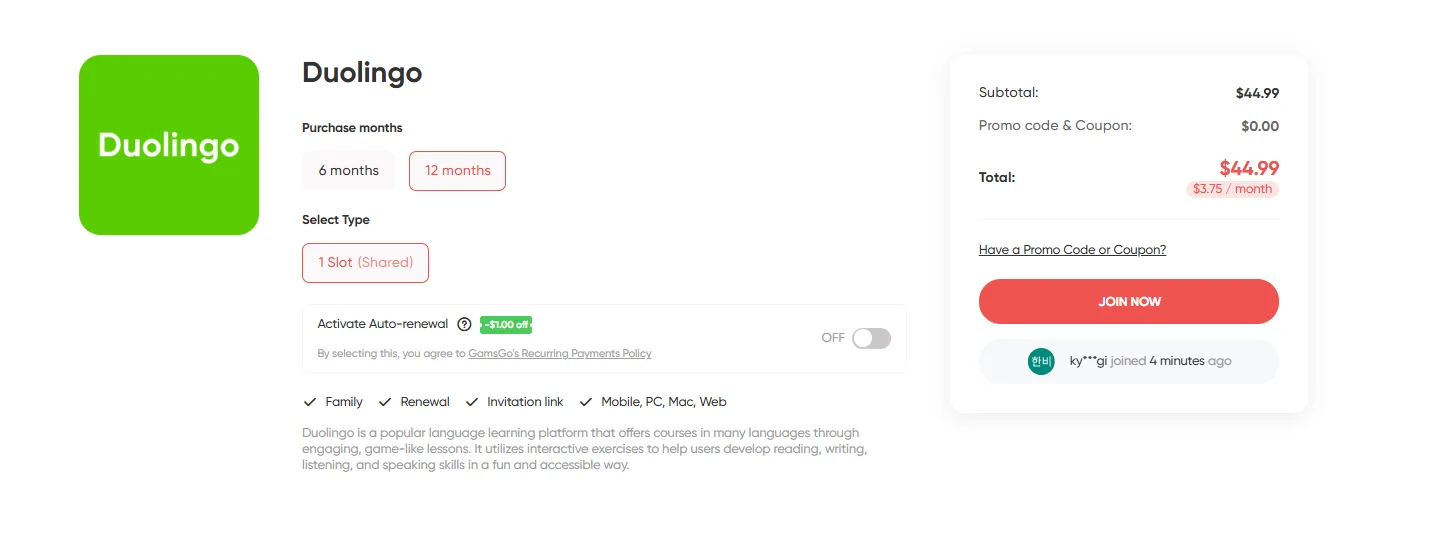 Super Duolingo discount subscription pricing on GamsGo platform