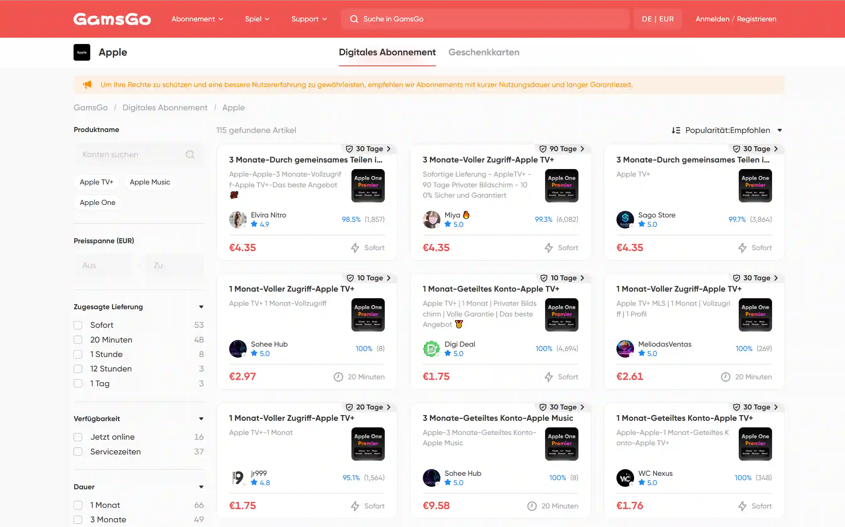 Angebot für ein geteiltes Apple-Music-Abonnement auf dem GamsGo-Marktplatz