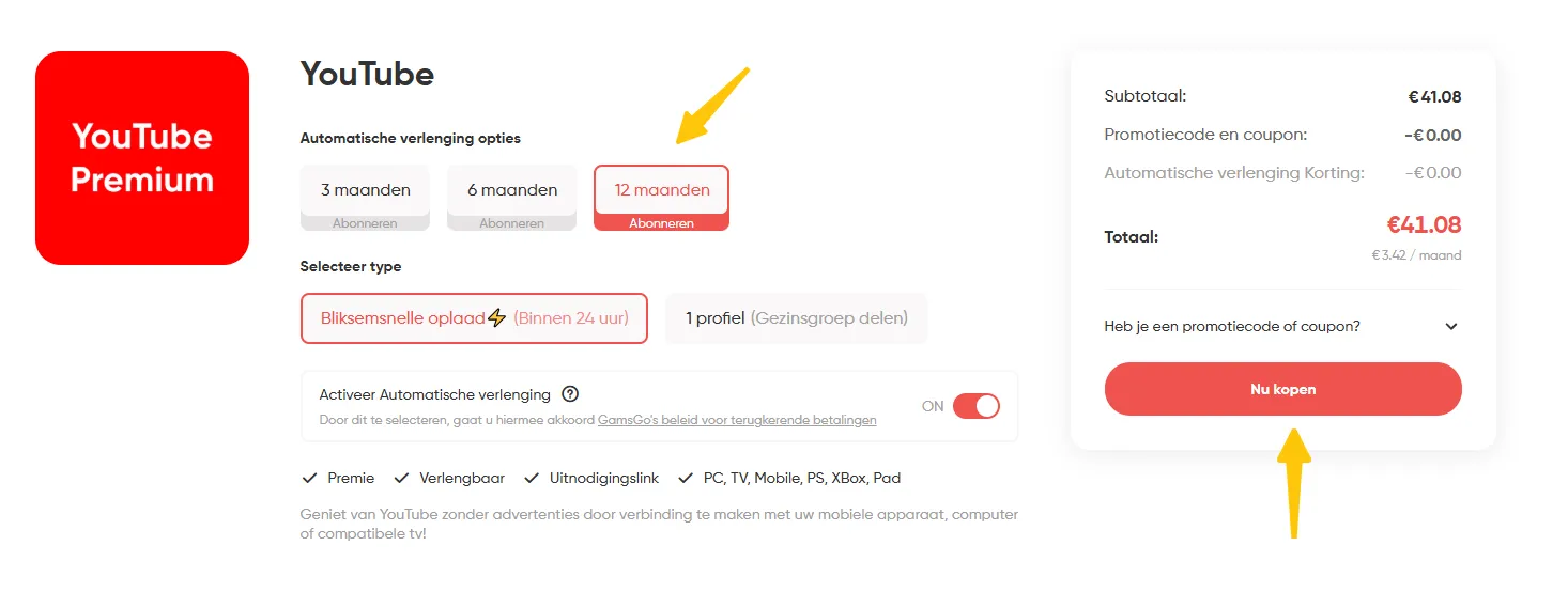 De looptijd van het YouTube Premium-abonnement kiezen