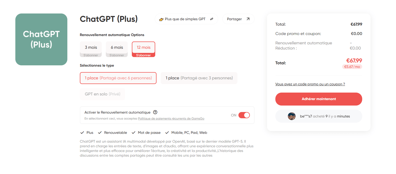 Comment acheter ChatGPT Plus sur GamsGo