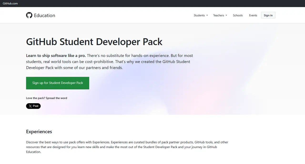 The official GitHub Student Developer Pack page