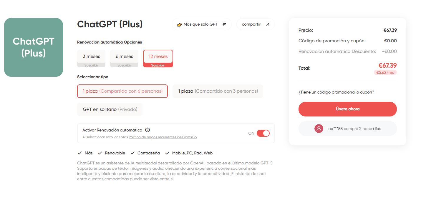 página de compra de chatgpt plus en gamsgo