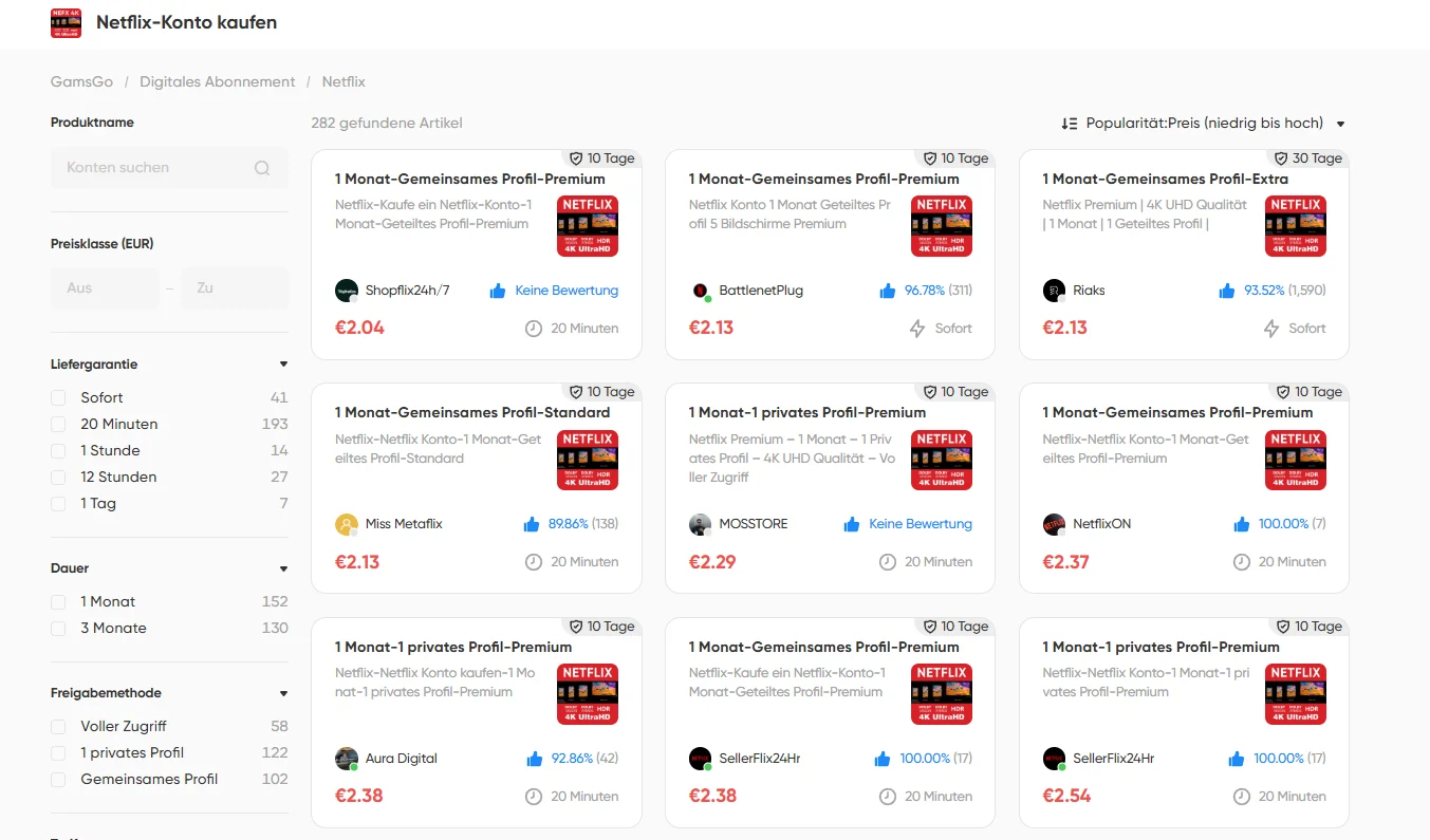 Netflix-Abo-Optionen bei GamsGo