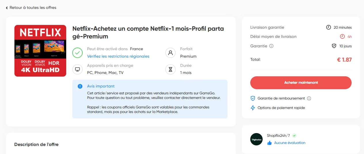 Comment acheter un abonnement Netflix sur GamsGo