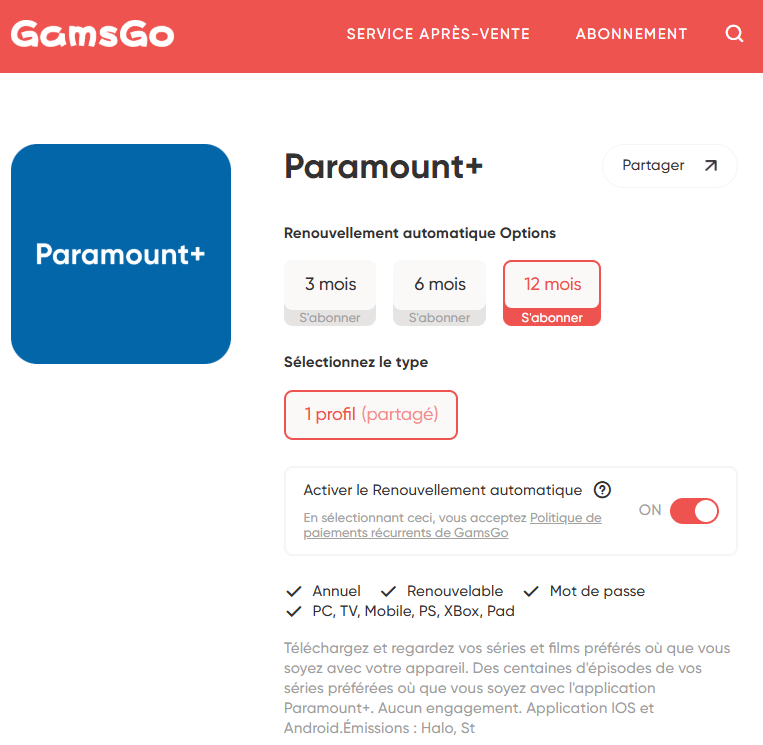 Paramount+ moins cher avec GamsGo