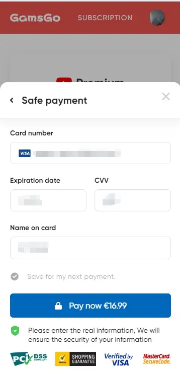Détails de paiement YouTube Premium