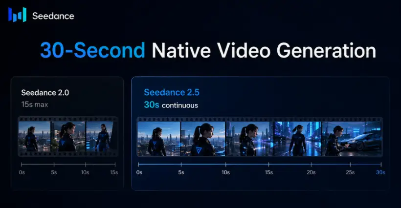 Seedance 2.5 30-second native video generation upgrade from Seedance 2.0