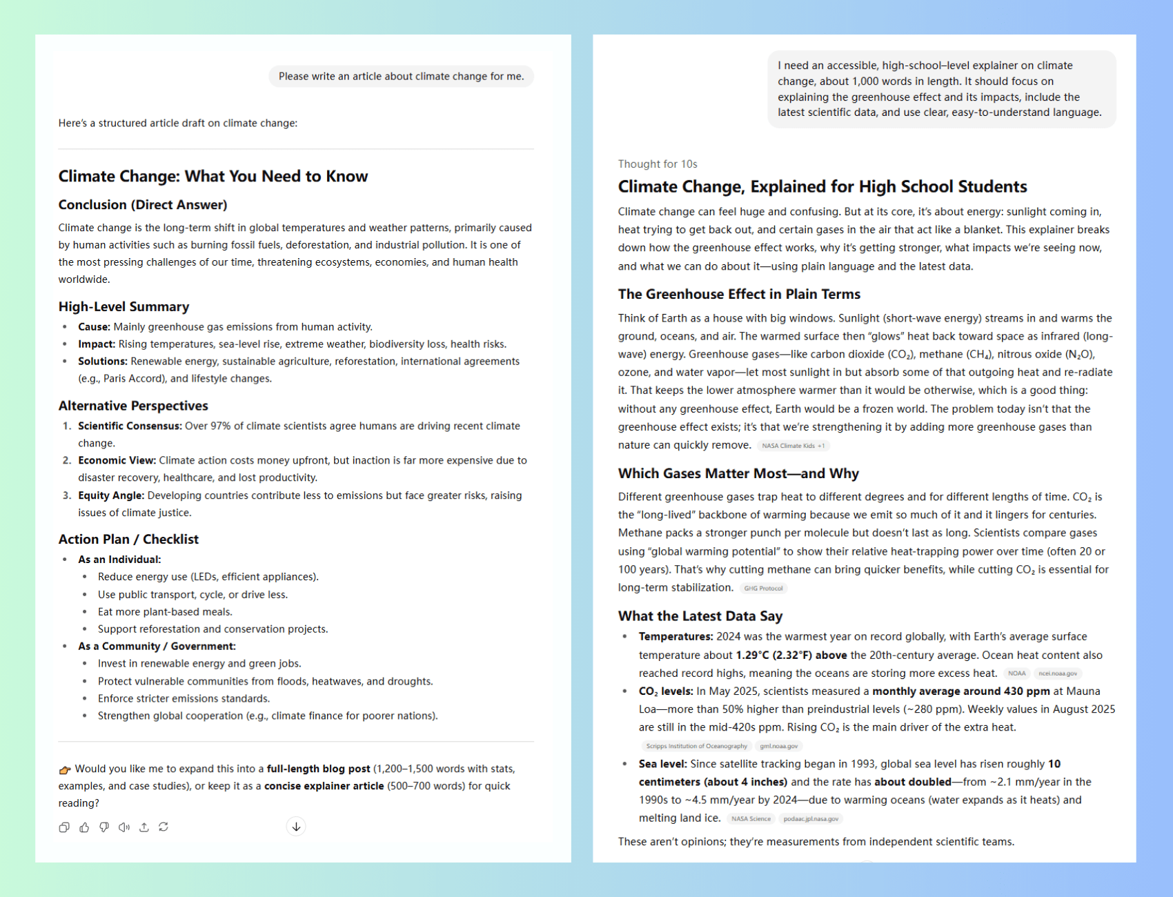 ChatGPT prompt comparison for climate change article: vague vs clear instructions