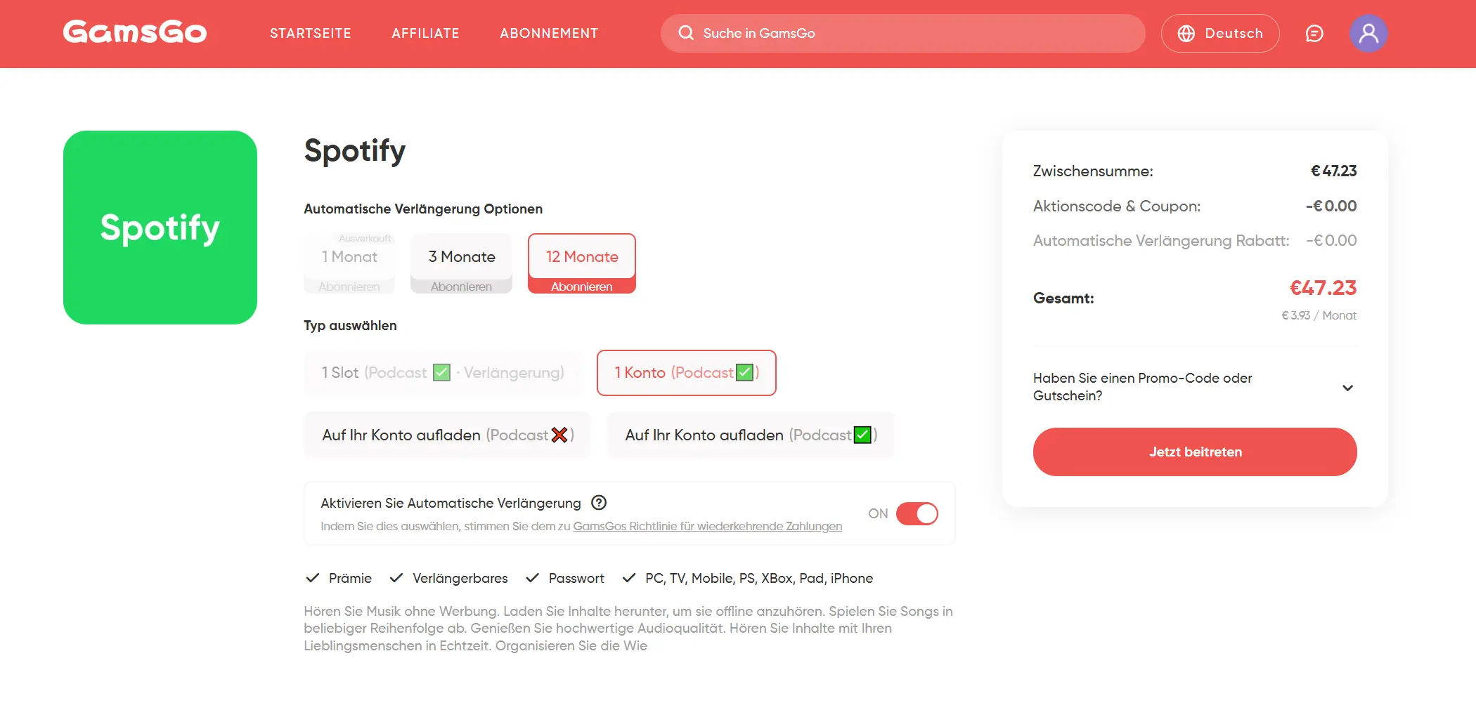 Spotify-Premium-Preis bei GamsGo