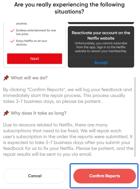 confirm Netflix Premium issue report on GamsGo