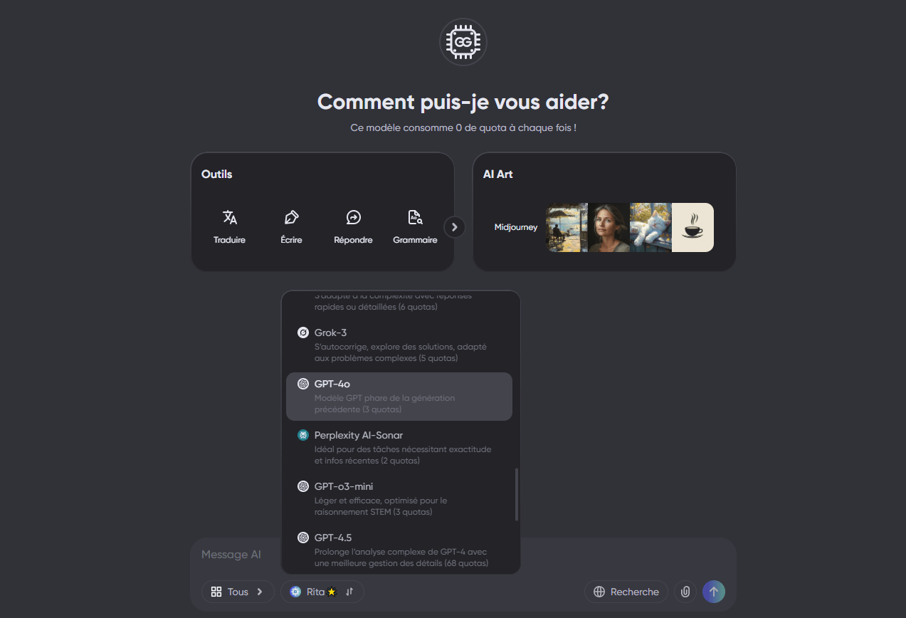page de sélection des modèles gamsgo ai