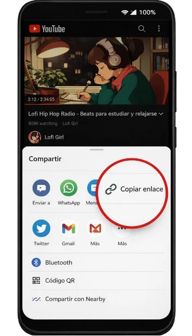 Copiar enlace de video en la aplicación YouTube para Android