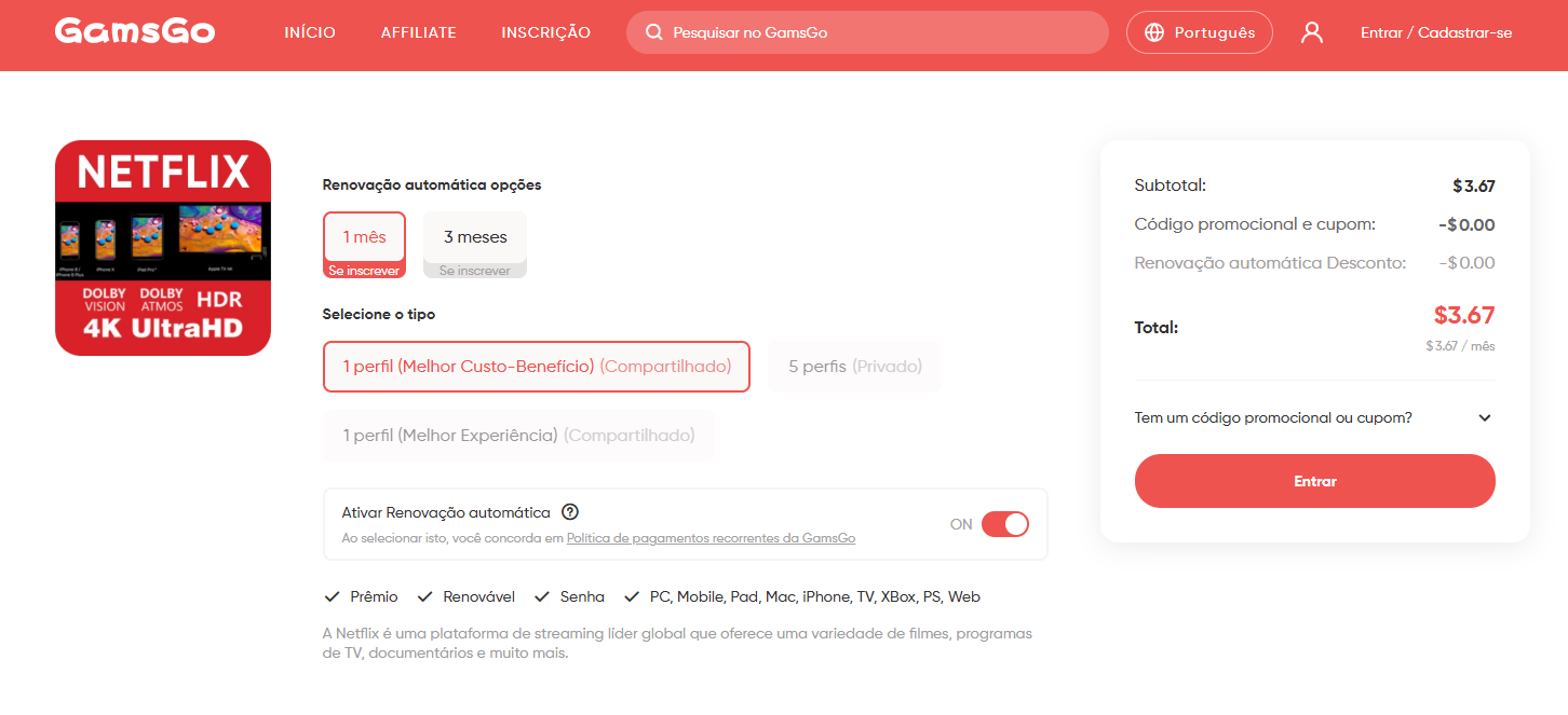 Escolher plano compartilhado da Netflix