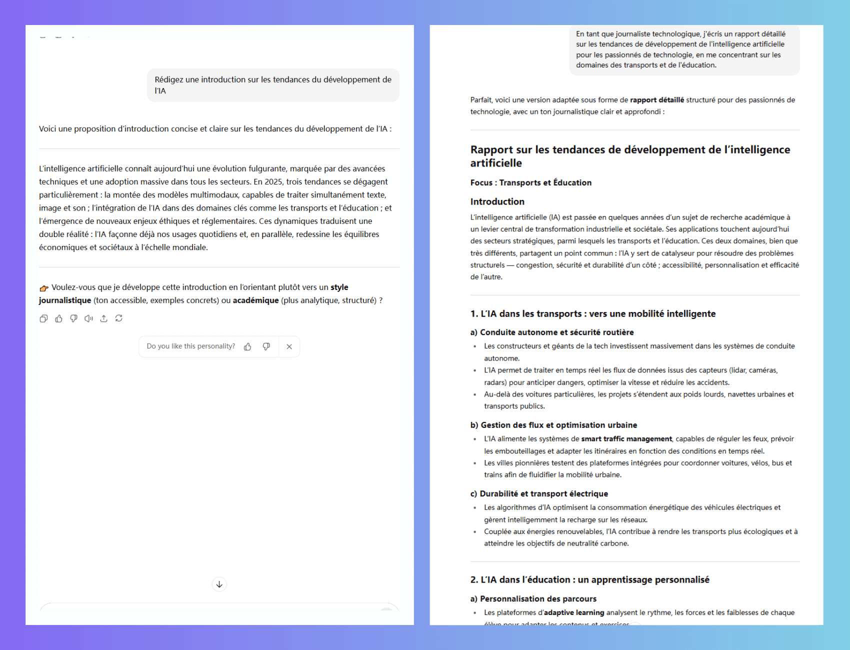 Comparaison des prompts ChatGPT sur les tendances de l’IA avec et sans attribution de rôle